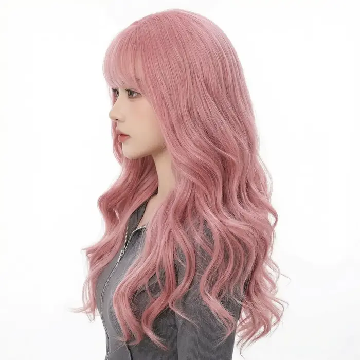 Perruque longue bouclée rose de 28 pouces, perruque synthétique pour femme, franges droites rose fon