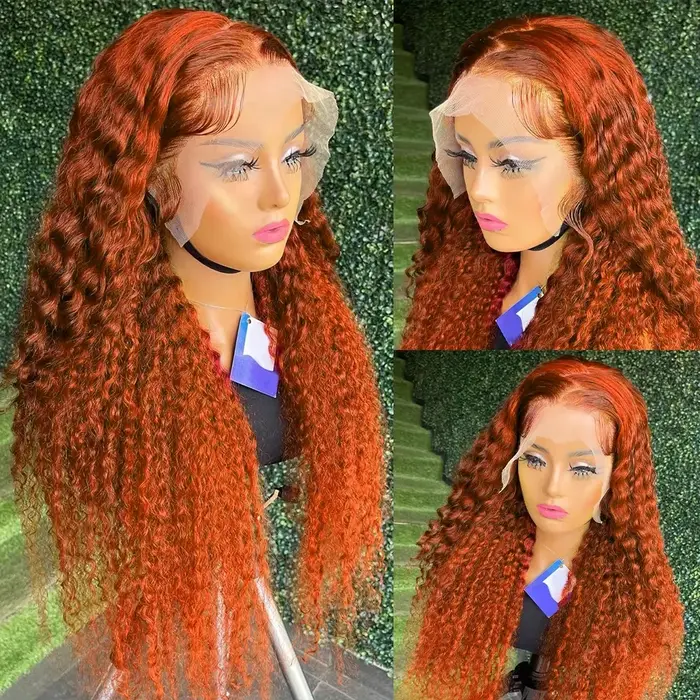 Perruque de cheveux humains frontale en dentelle HD vague d'eau de couleur orange 13x6 pre-plucked v