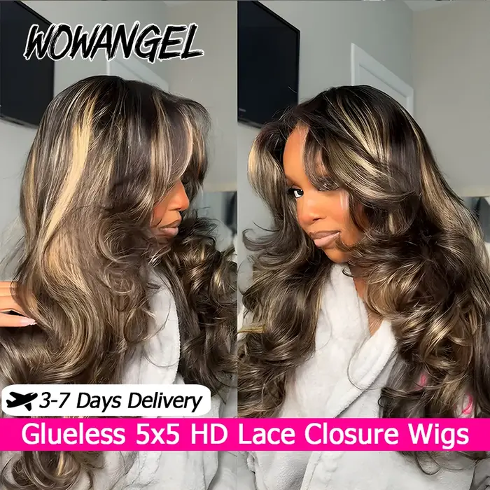 WOWANGEL Perruque Blonde Ondulée 1B/27 avec Mèches, Sans Colle, Fermeture en Dentelle HD 5x5, 100% C