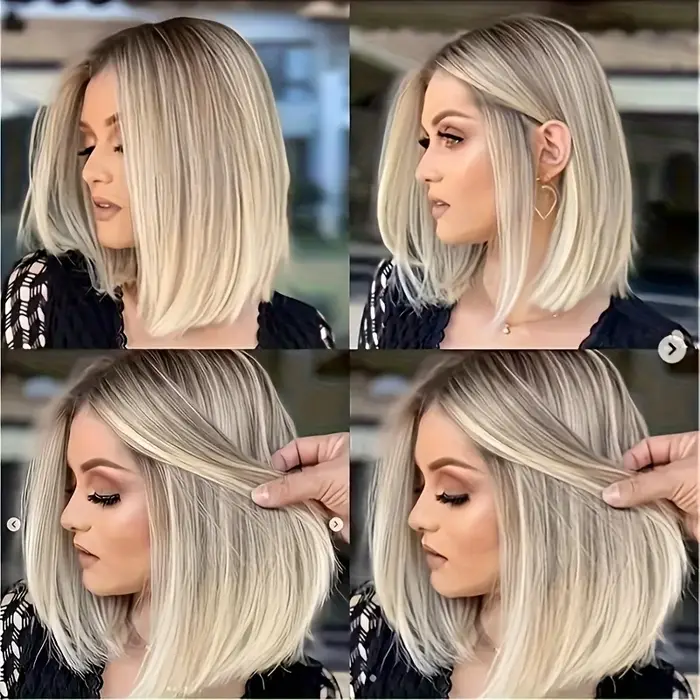 Perruque synthétique élégante, moelleuse et tendance, gris argenté, avec frange, cheveux mi-longs, p