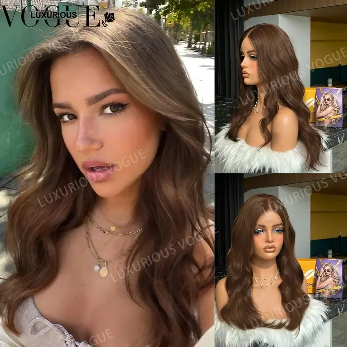 Perruque LUX VOGUE en cheveux humains 100% brun chocolat, ondulée, couleur balayage 210%, 5x7, sans