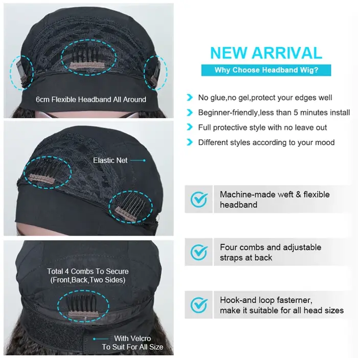 Bandeau vague d'eau perruque de cheveux humains