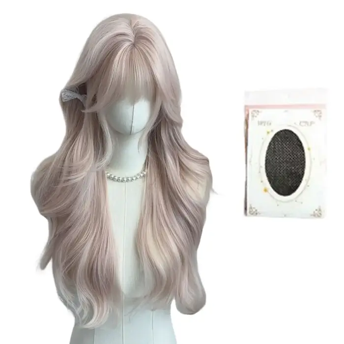 Perruque synthétique très bouclée rose gris féminin avec une bangs perruque ondulée naturelle résist