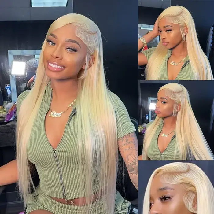 Perruque Lace Frontal Wig brésilienne naturelle, cheveux lisses, blond 613 Hd, densité 220, 13x6, 13