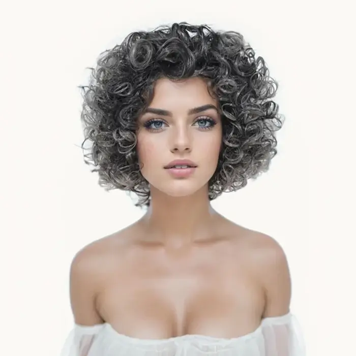 Jeedou – perruque synthétique courte bouclée et moelleuse, mélange de couleurs noir et gris pour fem