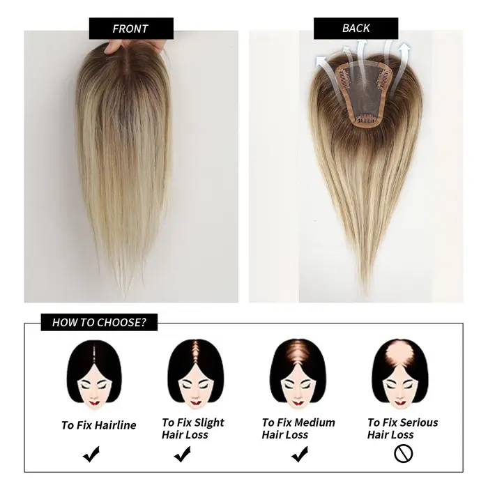 Femmes cheveux humains Toppers partie centrale Ombre brun clair blond toupet humain pièces de cheveu