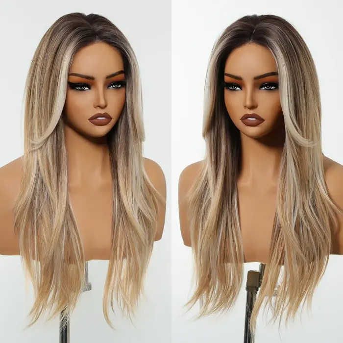 Perruque Lace Front Wig synthétique lisse et longue, perruque avec raie centrale naturelle, brune et