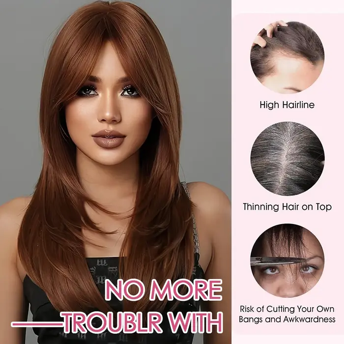 Topper de cheveux humains couleur marron avec frange rideau