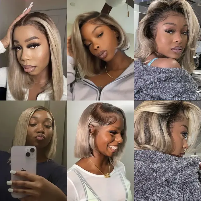 Perruques Bob Courtes en Cheveux Humains Couleur Blond Ombré avec Racines Brunes, Densité 180, Front