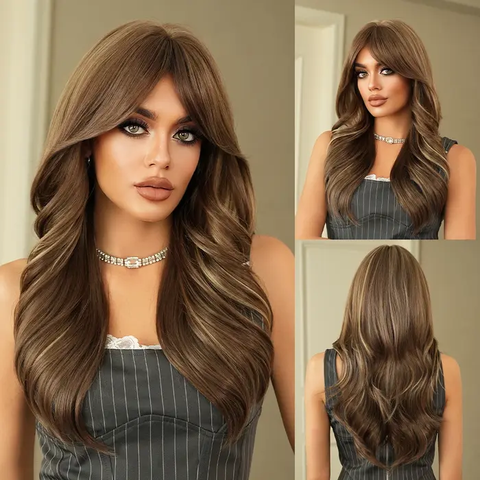 NAMM nouvelle perruque ondulée brune avec frange met en évidence les cheveux blonds
