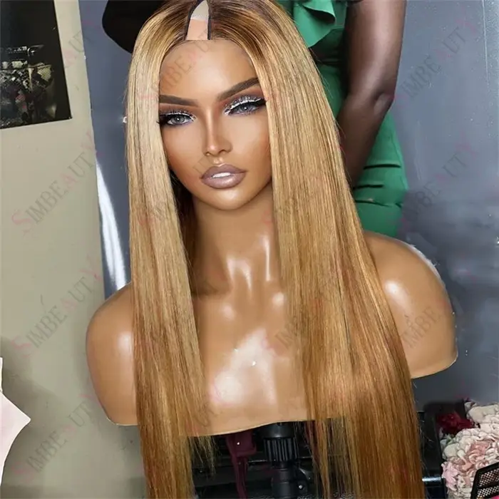 Perruque V-Part 1x4 Lisse Ondulée avec Mèches Blond Miel, Cheveux Humains 100% Non Traités, Sans Col