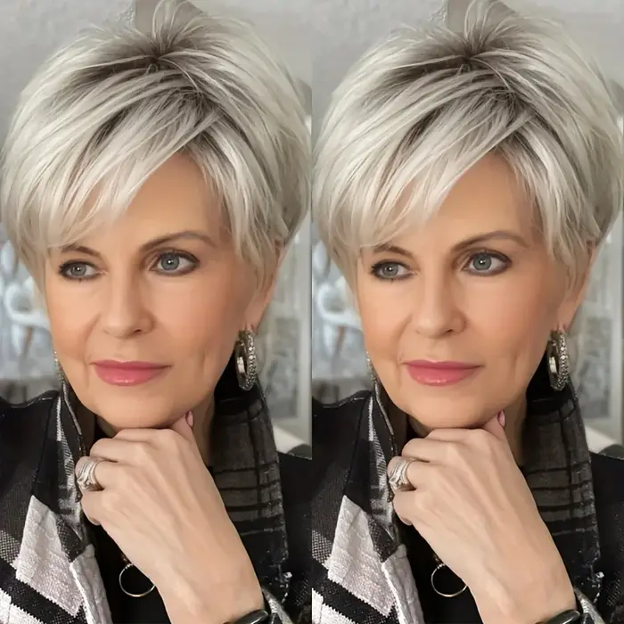 Perruque synthétique tendance pour femme - Bob court gris naturel