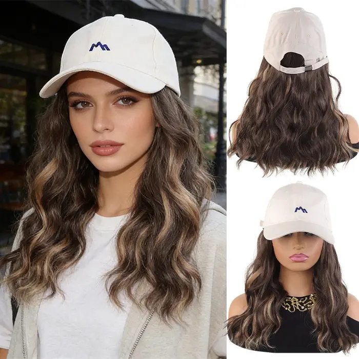 Casquette de baseball beige avec perruque à boucles ombrées et fibres synthétiques – Chapeau-perruque élégant pour un
