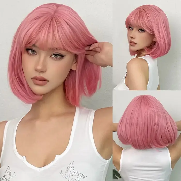 Perruques Bob Synthétiques Courtes Droites avec Frange pour Femme, Cheveux Naturels Roses, Cosplay Mignon, Fibre de Degré de Chaleur