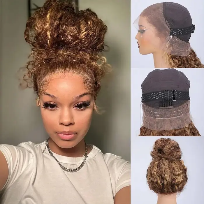 Miel Blonde 360 dentelle avant perruque cheveux humains 250 densité vague profonde mettre en évidenc
