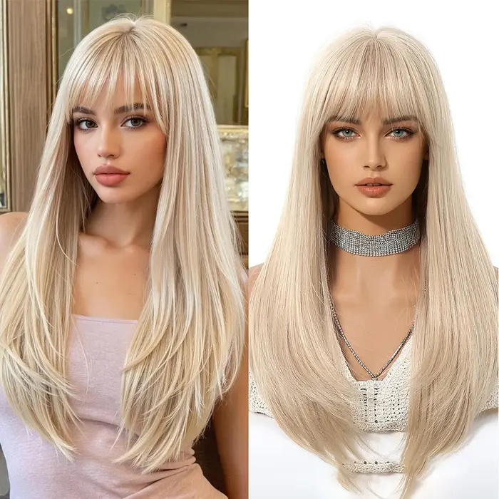 Perruque Blonde dorée avec frange, cheveux longs et lisses, naturels, pour femmes, perruques de Cosp