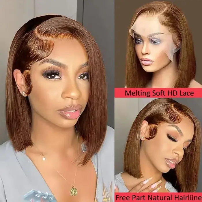 Perruque courte en cheveux humains de 14 pouces # 4 Lace Frontals Transparentes Marron Chocolat 13x4