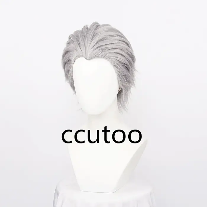 Perruque de Cosplay synthétique Vergil pour hommes, cheveux courts gris argenté, lisses au dos, résistants à la chaleur + bonnet de perruque