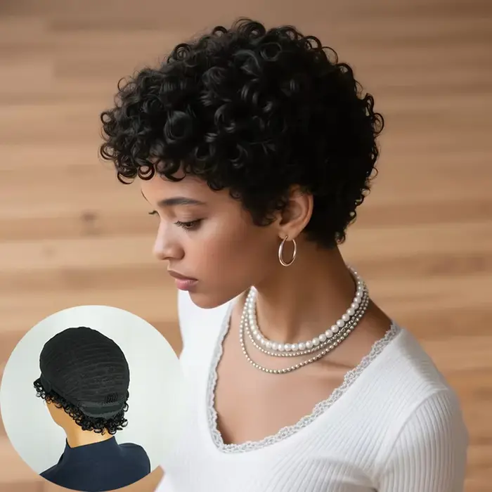 Perruque courte bouclée coupe lutin pour femmes, cheveux 100% naturels, entièrement fabriqués à la Machine, naturel, réaliste, sans enchevêtrement, facile à entretenir