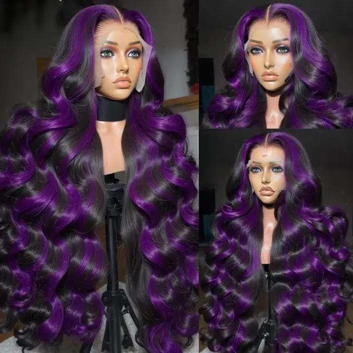 Perruque Dialola 13x6 13x4 HD Transparente en Dentelle Frontale, Cheveux Humains, Violet Foncé avec 