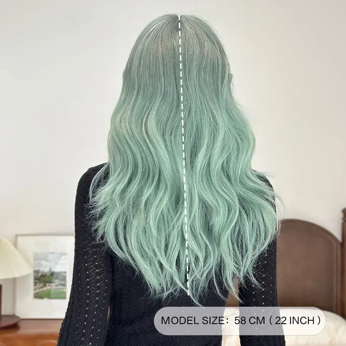 Perruque synthétique verte ondulée mi-longue pour femme