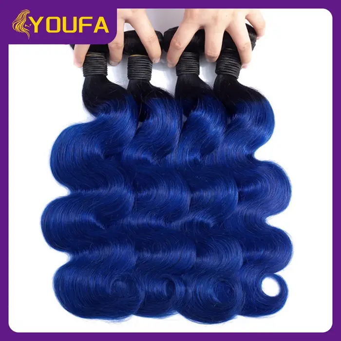 1B bleu vague de corps cheveux humains armure paquets 10-28 pouces 3/4 pièces Lot Ombre