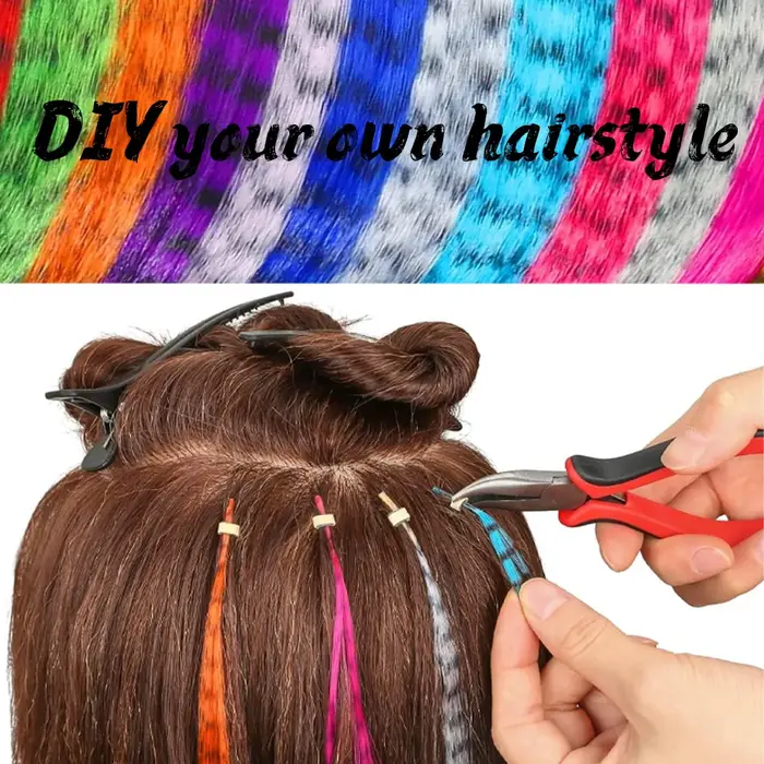 Extensions de cheveux synthétiques colorées à rayures en plumes