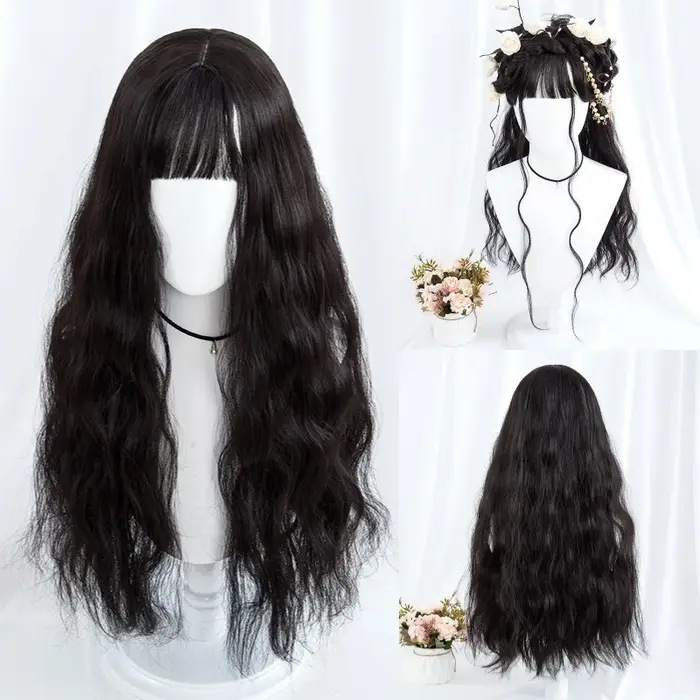 Perruque synthétique longue bouclée, perruque de Cosplay avec frange, grise, violette, naturelle, no