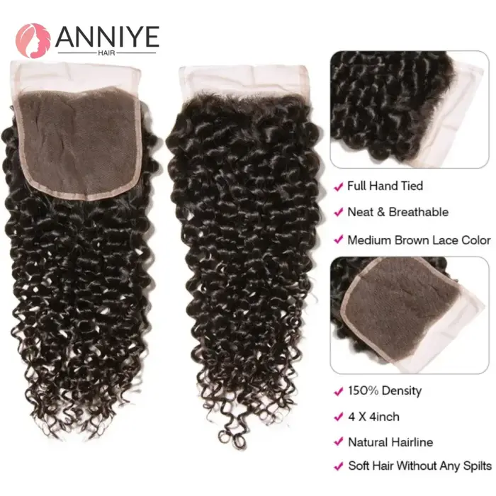 Lot de 3 mèches de cheveux humains bouclés crépus avec closure en dentelle 4x4