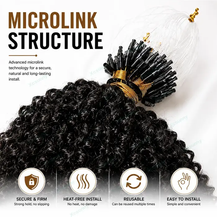 Afro crépus bouclés Microlink Extension de cheveux humains 4C Micro anneau Extensions