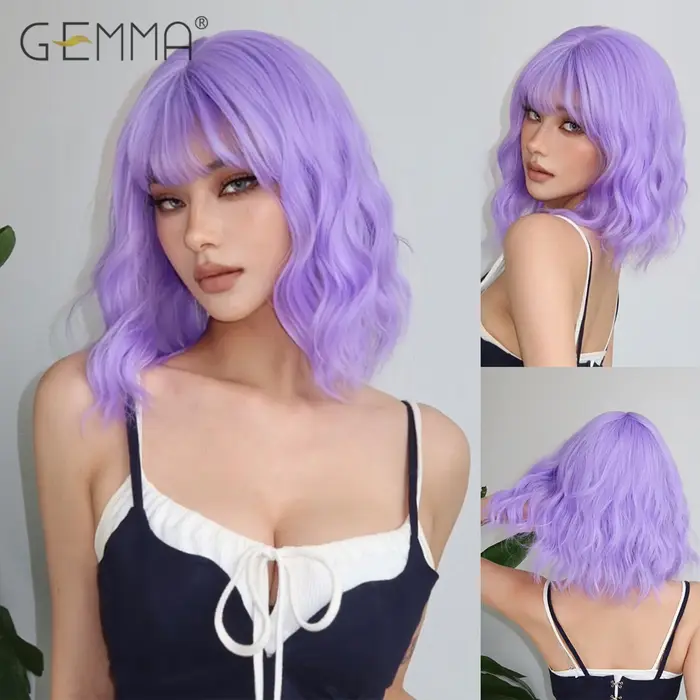 Perruque synthétique bouclée violette clair longue avec frange pour femmes, cheveux naturels courts 