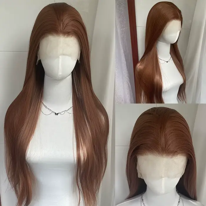 Perruque Lace Front Wig synthétique lisse et longue, brun miel, 13x4, 26 pouces, sans colle, nouée à