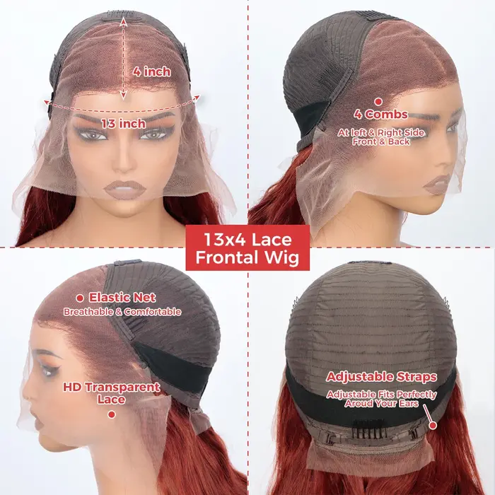 Perruque Lace Frontal Wig brésilienne naturelle lisse, cheveux lisses, brun rougeâtre, 32 pouces, 13