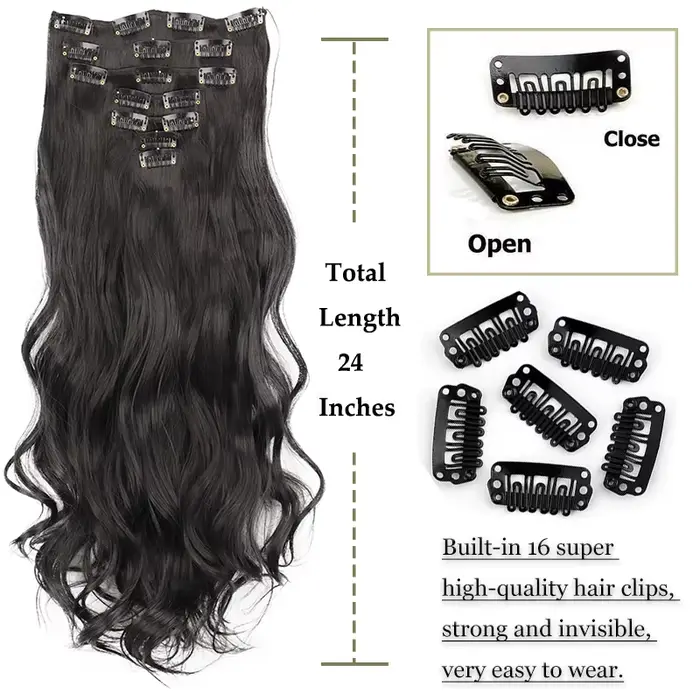 16 Clips 7 pièces/ensemble Extensions de cheveux longue ondulée coiffure naturel synthétique noir bl