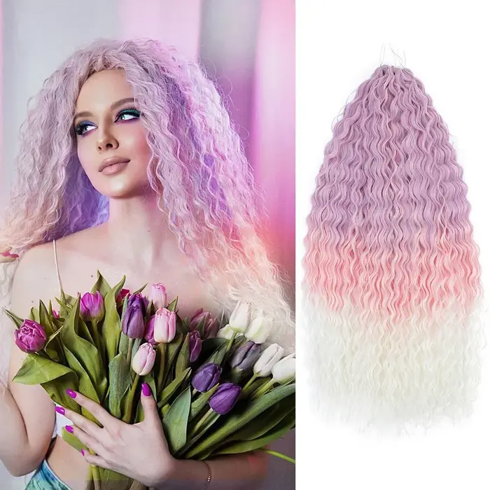 Extension capillaire tressée rose ombré marron gris bleu Ariel Curl Crochet tresses synthétique vague d'eau torsion