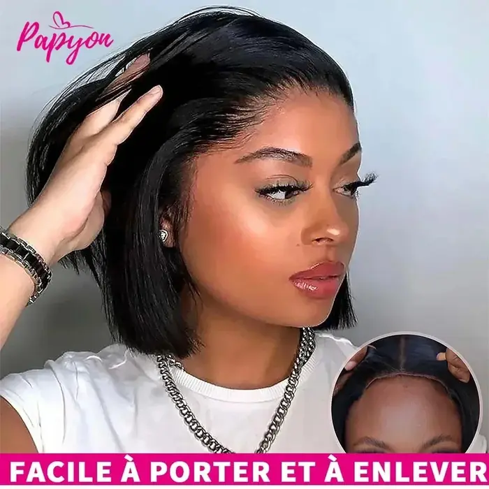 Perruques courtes bob lisses sans colle