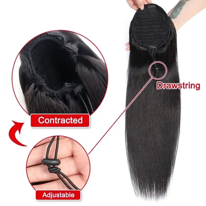 10-24 pouces cordon droit queue de cheval Extensions de cheveux humains 12A brésilien Remy 100%