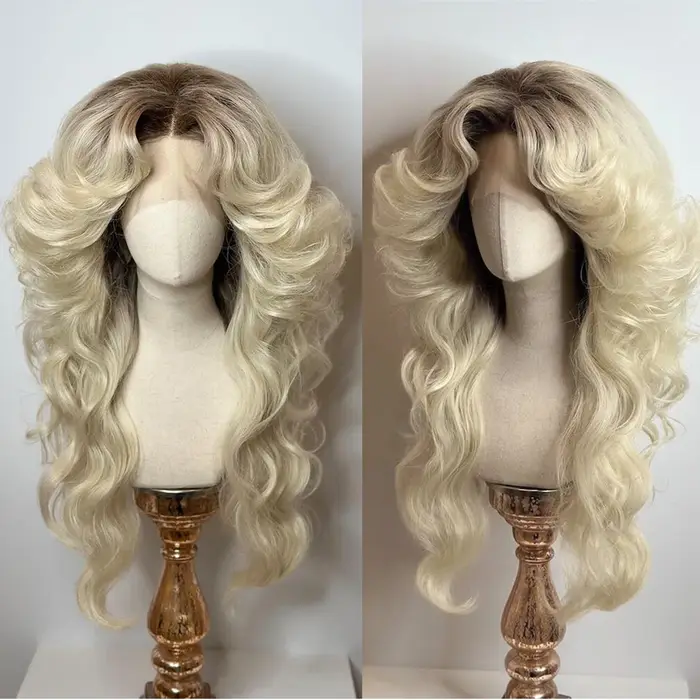 Femmes 70s HD dentelle fermeture 5*5 perruque ombre Blonde grande vague de corps Disco chanteur perr