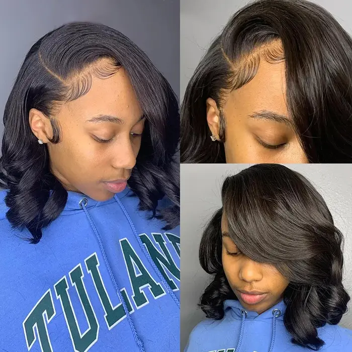 Perruque Bob Brésilienne Naturelle Bouclée, Cheveux Courts Ondulés, Partie Latérale, pour Femme