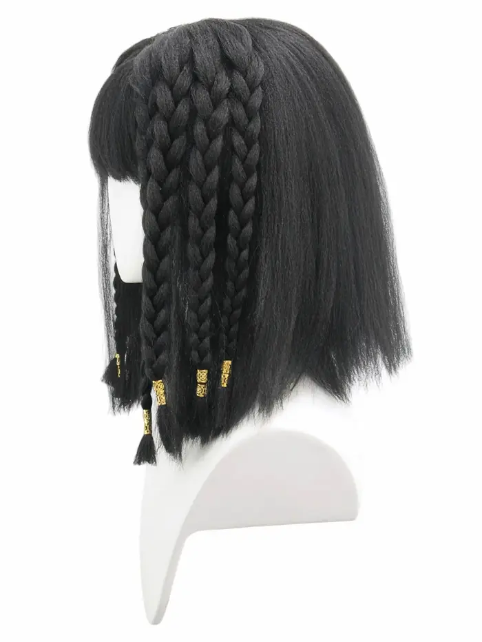 Perruque synthétique à frange tressée noire multibrins | ornements en or