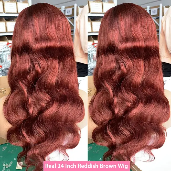 Perruque Lace Frontale 13x6 en Cheveux Humains Ondulés Rougeâtre Brun, Pré-épilée, Colorée, avec Den