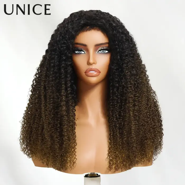 UNice cheveux châtain brun ombré crépus bouclés demi perruques avec bords 4C et cordon invisible 100