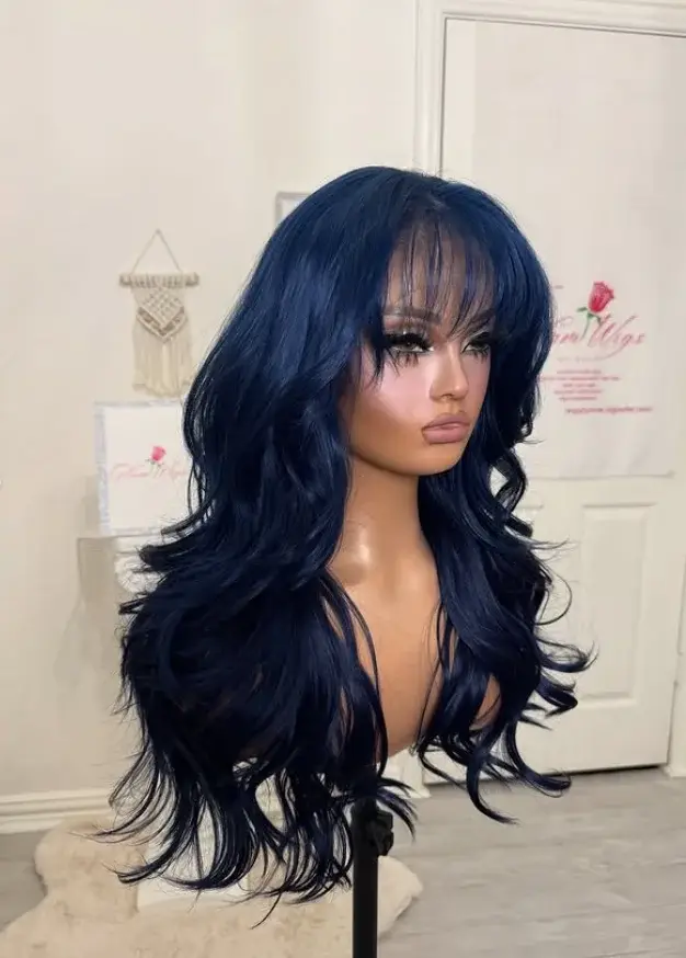 Perruque Lace Frontale Ondulée Bleu Foncé avec Frange 13x4 HD pour Femme, Synthétique de Haute Qualité pour Usage Quotidien et Cosplay