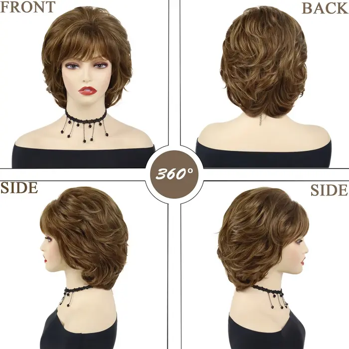 GNIMEGIL perruques synthétiques pour femmes perruque courte bouclée naturelle avec frange brun mélange