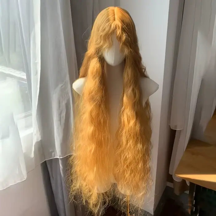Perruque synthétique à mécanisme de rouleau de laine moelleuse jaune doré | Couverture de cheveux super longs Lolita