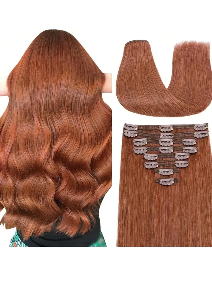 Extensions de cheveux humains vierges couleur gingembre, douces et soyeuses, pleine densité, clips s