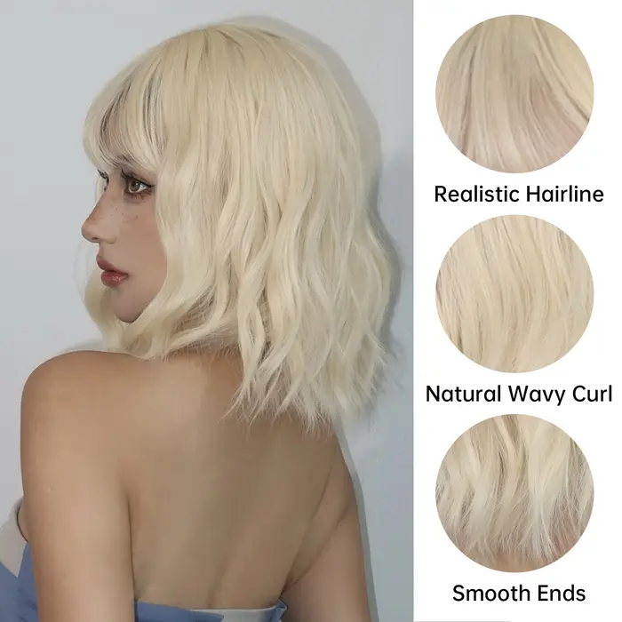 Perruques synthétiques ondulées Bob blondes Beige avec frange, perruques Lolita courtes de Cosplay p