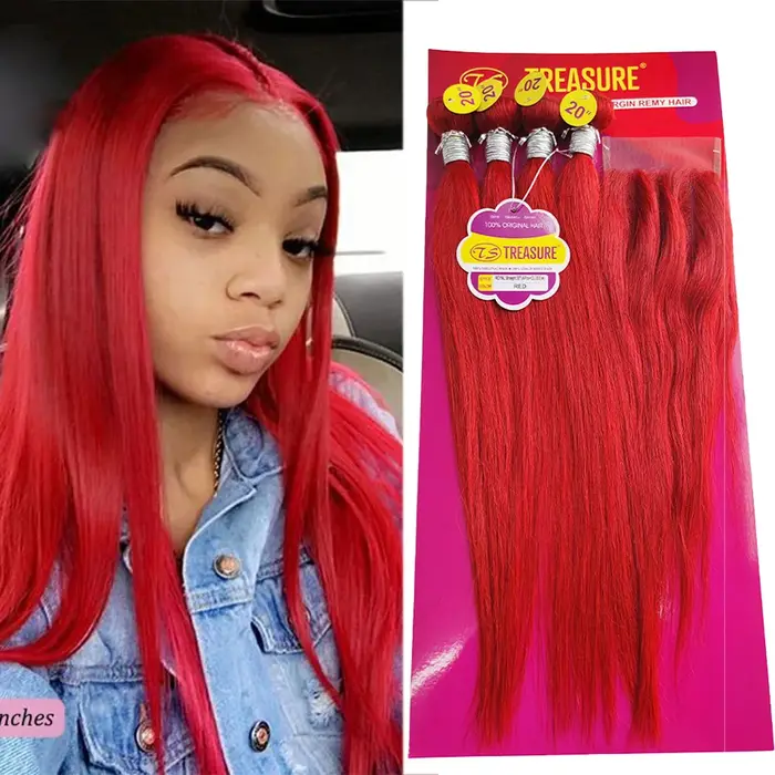 Paquets droits rouges avec fermeture 4*4 avec des cheveux de bébé dentelle transparente tissage de c