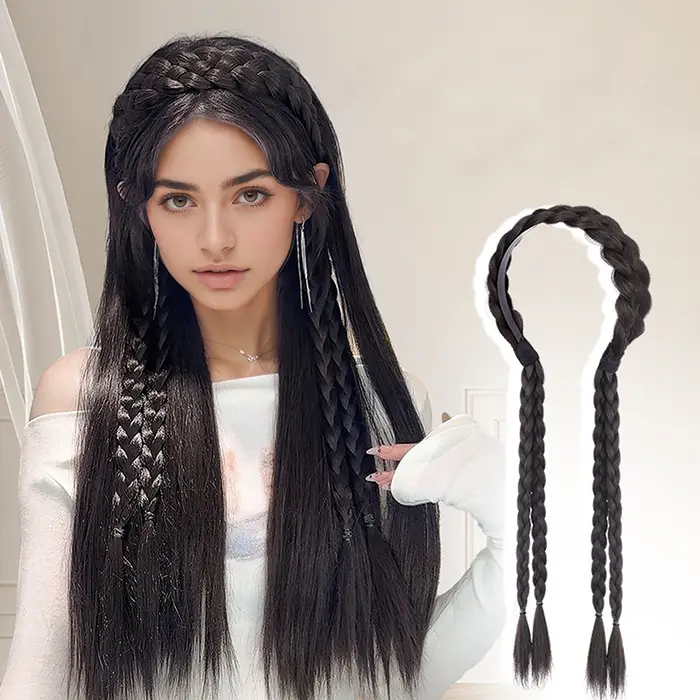 Queue de cheval tressée synthétique à double tresses, avec boucle élastique pour chignon, facile à porter et réglable