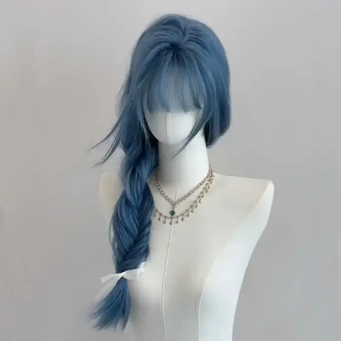 Perruque longue et droite bleu-gris pour femme, avec frange légère, en cheveux synthétiques, ton fro